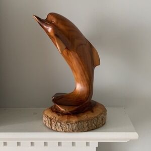 Wooden Hand Carved Dolphin on Coral Statue Sculpture Wood Decor Figurine